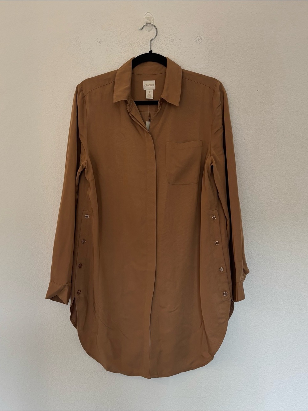 Chicos Button Side Tie Front Long Sleeve Top Copper Brown NWT